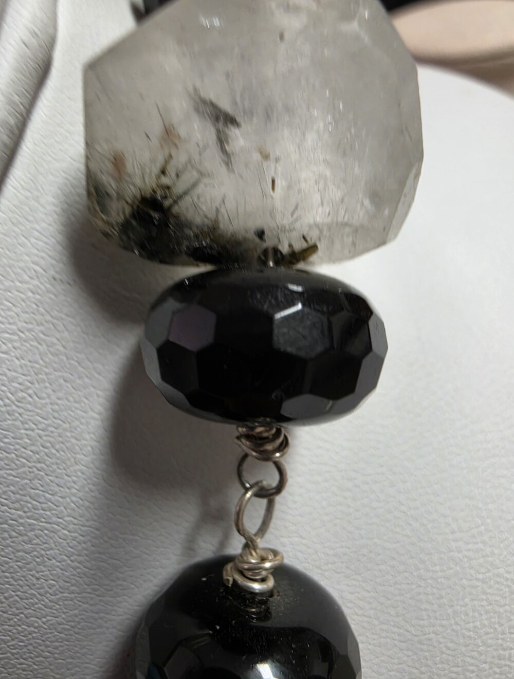 Artisan Black& White Chunky Tourmalinated and Milky Quartz and Glass Necklace - Picture 6 of 9